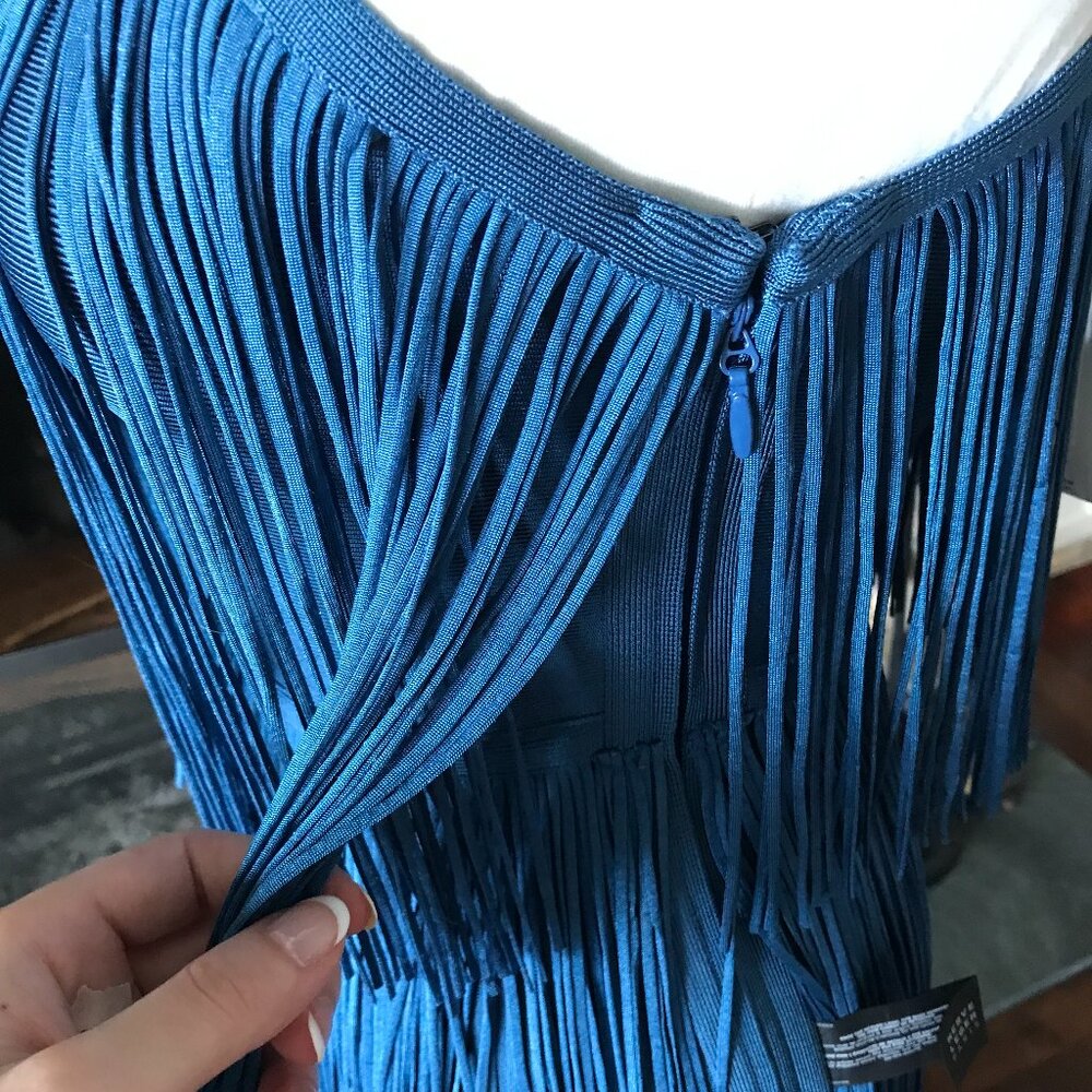 'Herve Leger Paris' One Shoulder Mini Fringe Dress in Petrol Blue - Size Small - Picture 6 of 8